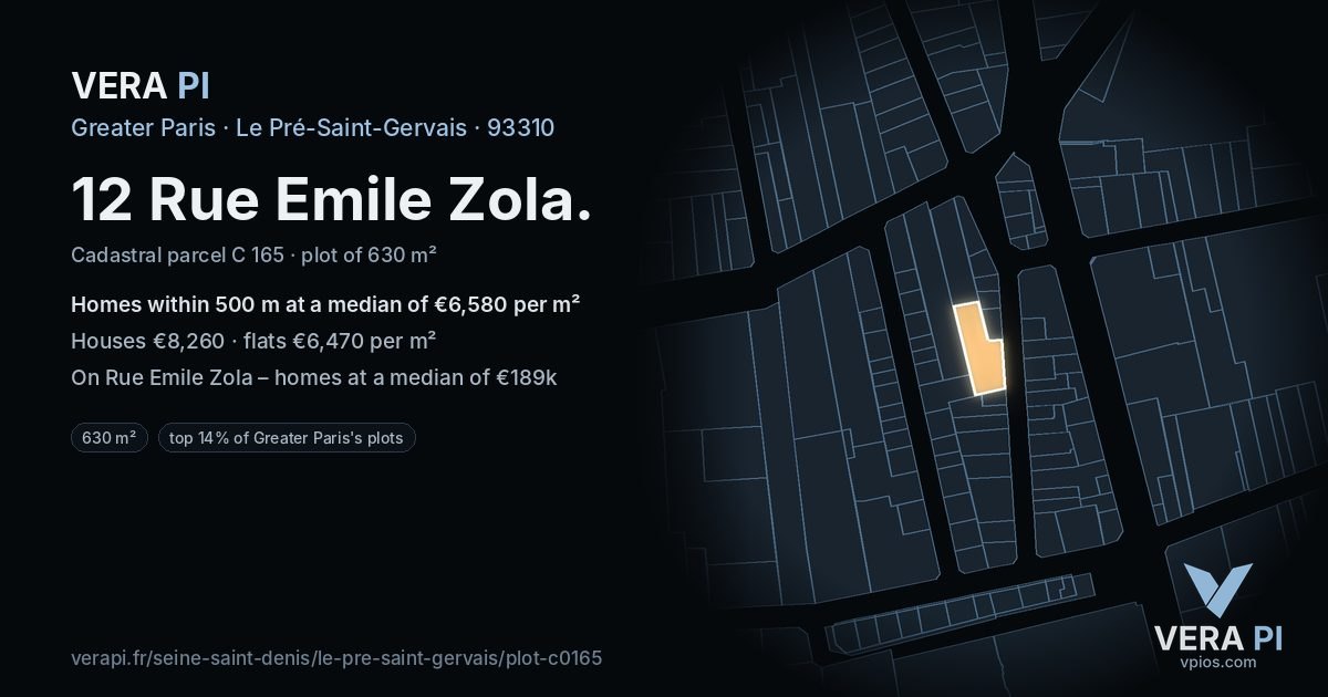 12 Rue Emile Zola, Le Pré-Saint-Gervais at night – the plot lit, the parcels around coloured by the prices near them