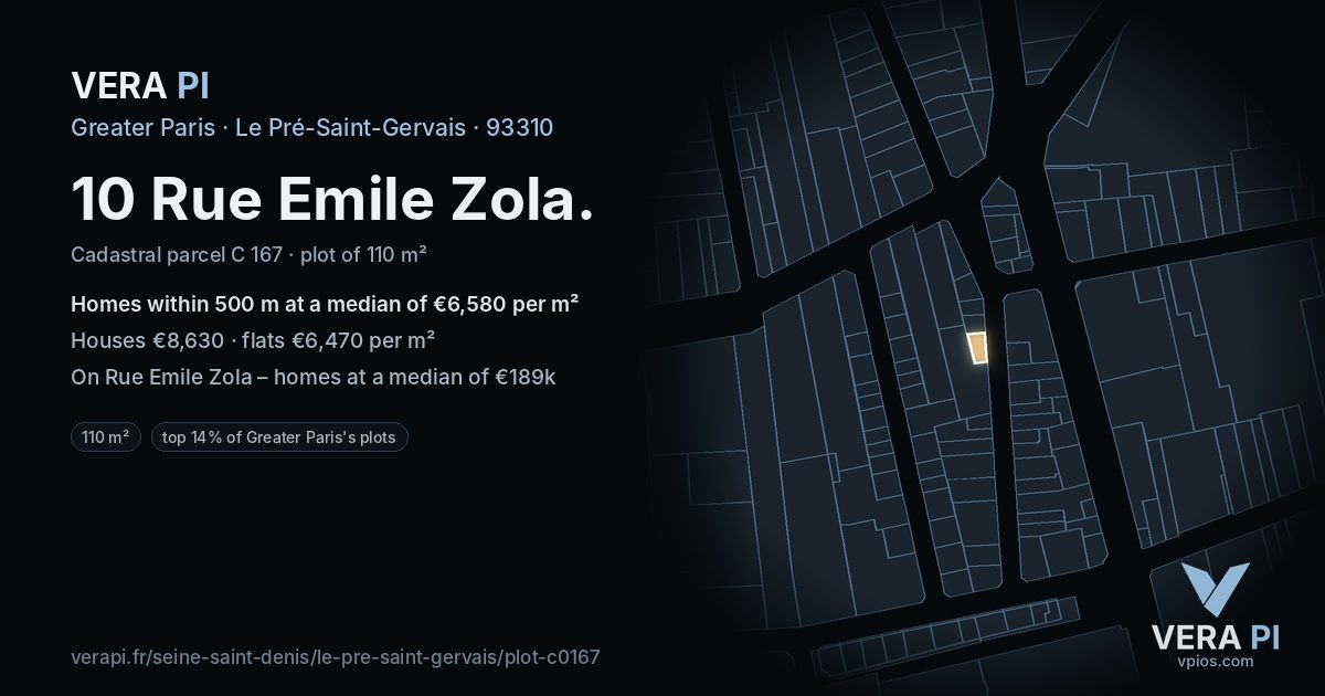 10 Rue Emile Zola, Le Pré-Saint-Gervais at night – the plot lit, the parcels around coloured by the prices near them
