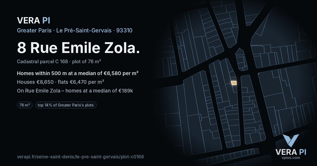 8 Rue Emile Zola, Le Pré-Saint-Gervais at night – the plot lit, the parcels around coloured by the prices near them