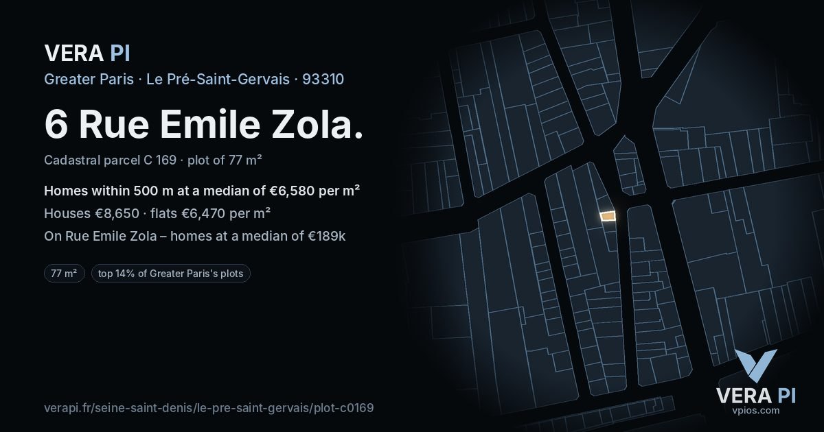 6 Rue Emile Zola, Le Pré-Saint-Gervais at night – the plot lit, the parcels around coloured by the prices near them