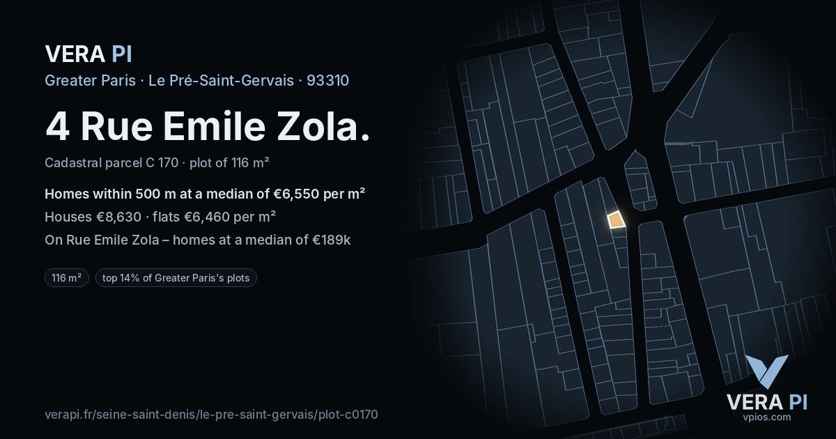 4 Rue Emile Zola, Le Pré-Saint-Gervais at night – the plot lit, the parcels around coloured by the prices near them