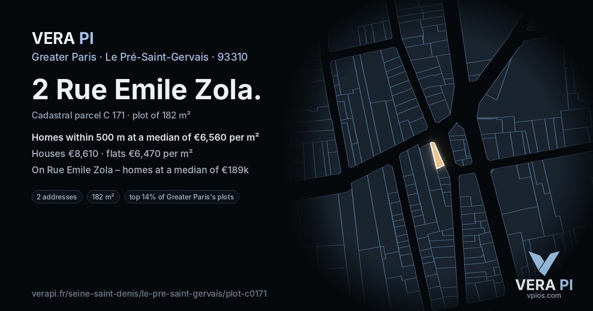 2 Rue Emile Zola, Le Pré-Saint-Gervais at night – the plot lit, the parcels around coloured by the prices near them
