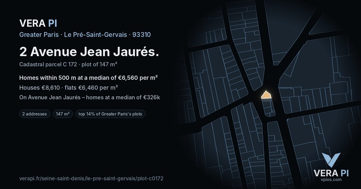 2 Avenue Jean Jaurés, Le Pré-Saint-Gervais at night – the plot lit, the parcels around coloured by the prices near them