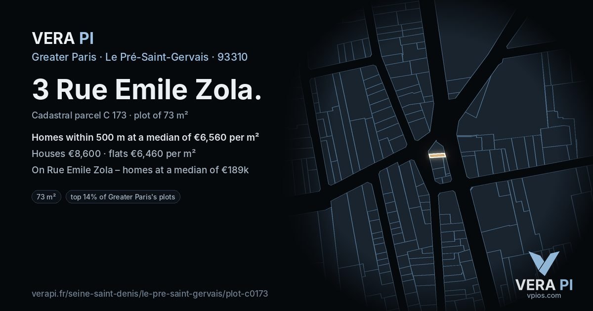 3 Rue Emile Zola, Le Pré-Saint-Gervais at night – the plot lit, the parcels around coloured by the prices near them