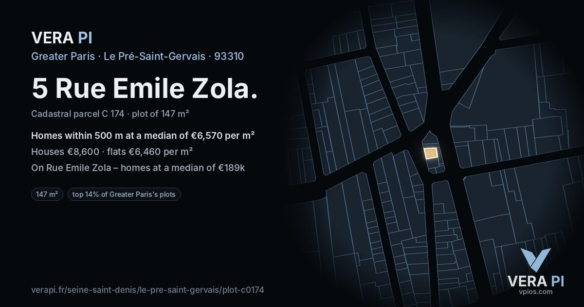 5 Rue Emile Zola, Le Pré-Saint-Gervais at night – the plot lit, the parcels around coloured by the prices near them