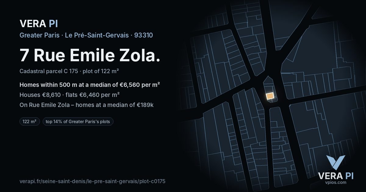 7 Rue Emile Zola, Le Pré-Saint-Gervais at night – the plot lit, the parcels around coloured by the prices near them