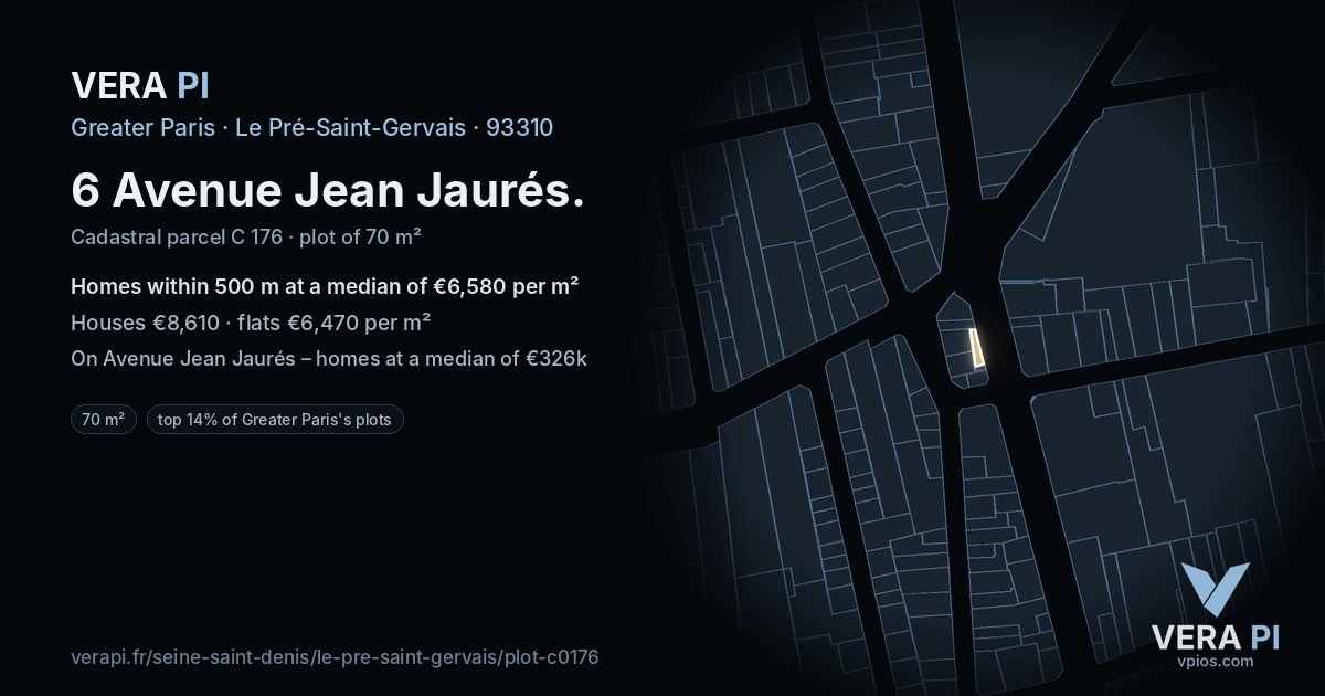 6 Avenue Jean Jaurés, Le Pré-Saint-Gervais at night – the plot lit, the parcels around coloured by the prices near them