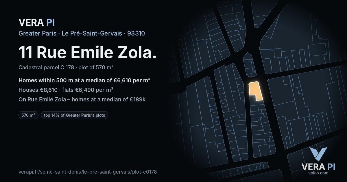 11 Rue Emile Zola, Le Pré-Saint-Gervais at night – the plot lit, the parcels around coloured by the prices near them