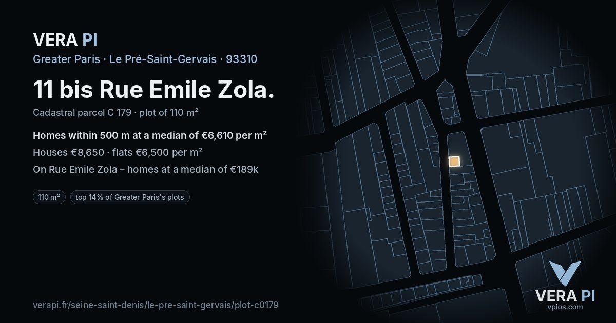 11 bis Rue Emile Zola, Le Pré-Saint-Gervais at night – the plot lit, the parcels around coloured by the prices near them