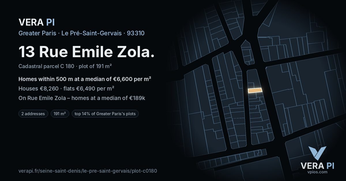 13 Rue Emile Zola, Le Pré-Saint-Gervais at night – the plot lit, the parcels around coloured by the prices near them