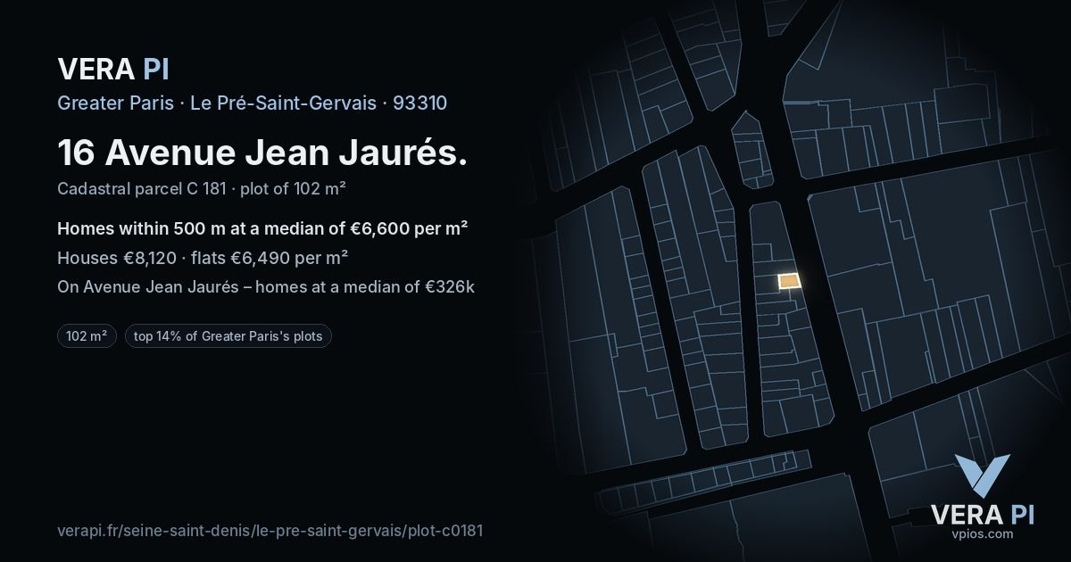 16 Avenue Jean Jaurés, Le Pré-Saint-Gervais at night – the plot lit, the parcels around coloured by the prices near them