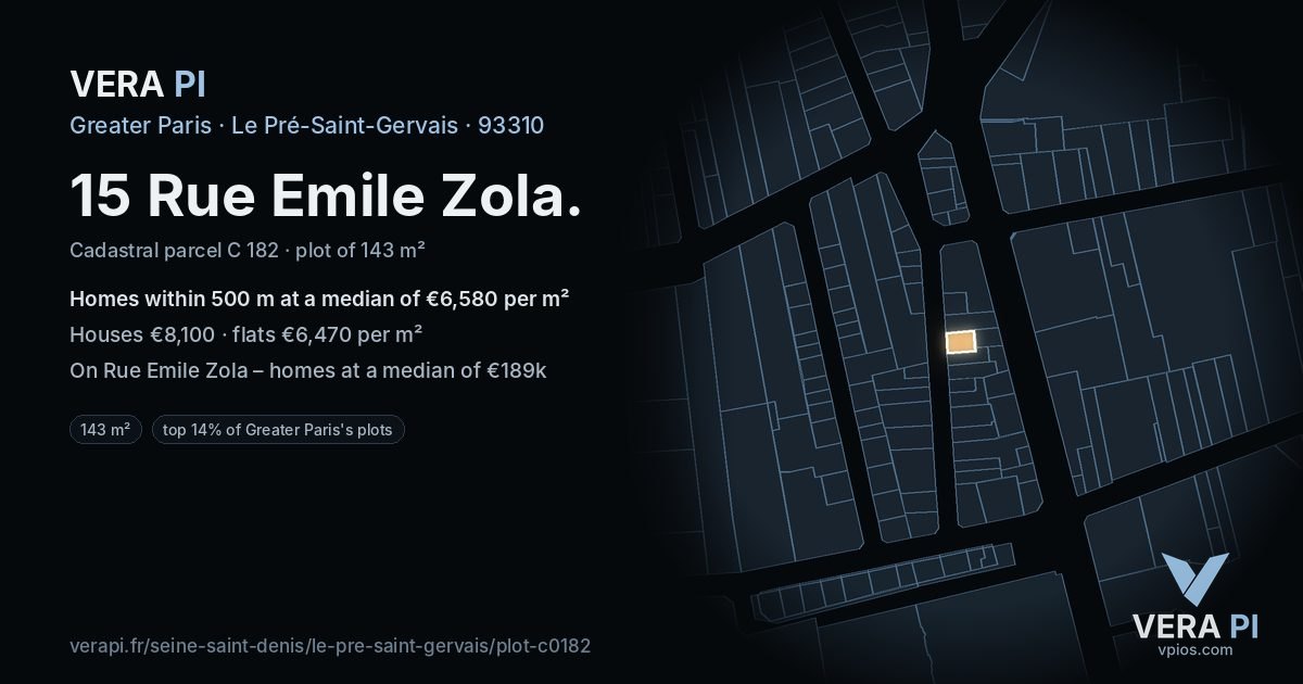 15 Rue Emile Zola, Le Pré-Saint-Gervais at night – the plot lit, the parcels around coloured by the prices near them