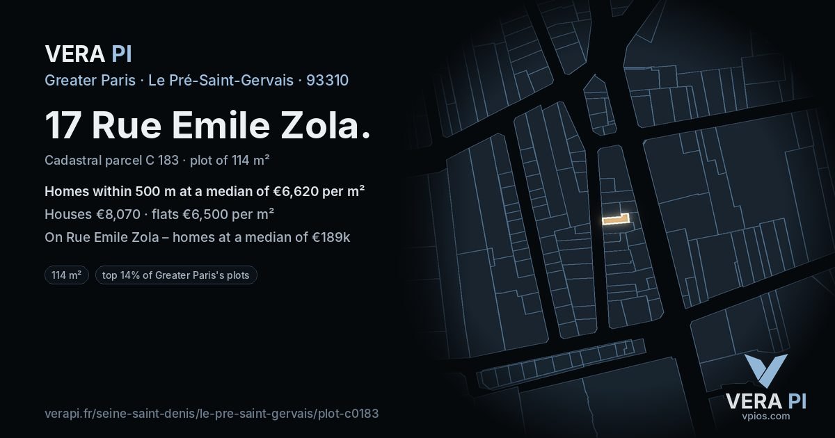 17 Rue Emile Zola, Le Pré-Saint-Gervais at night – the plot lit, the parcels around coloured by the prices near them