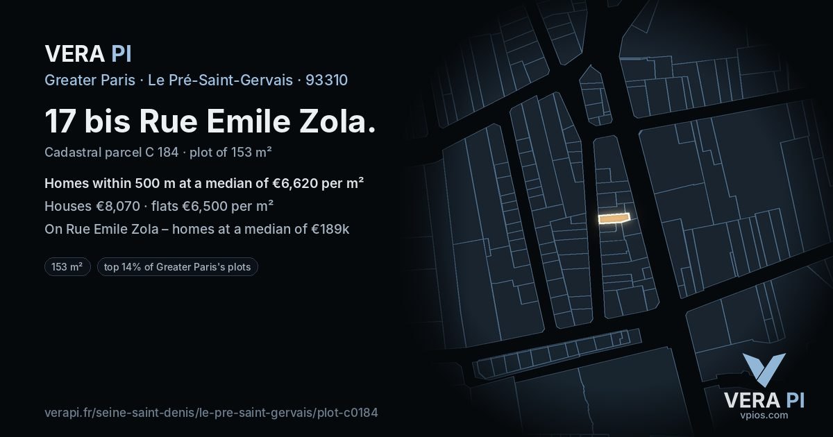 17 bis Rue Emile Zola, Le Pré-Saint-Gervais at night – the plot lit, the parcels around coloured by the prices near them