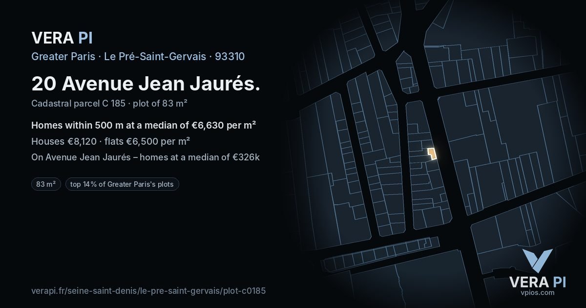 20 Avenue Jean Jaurés, Le Pré-Saint-Gervais at night – the plot lit, the parcels around coloured by the prices near them