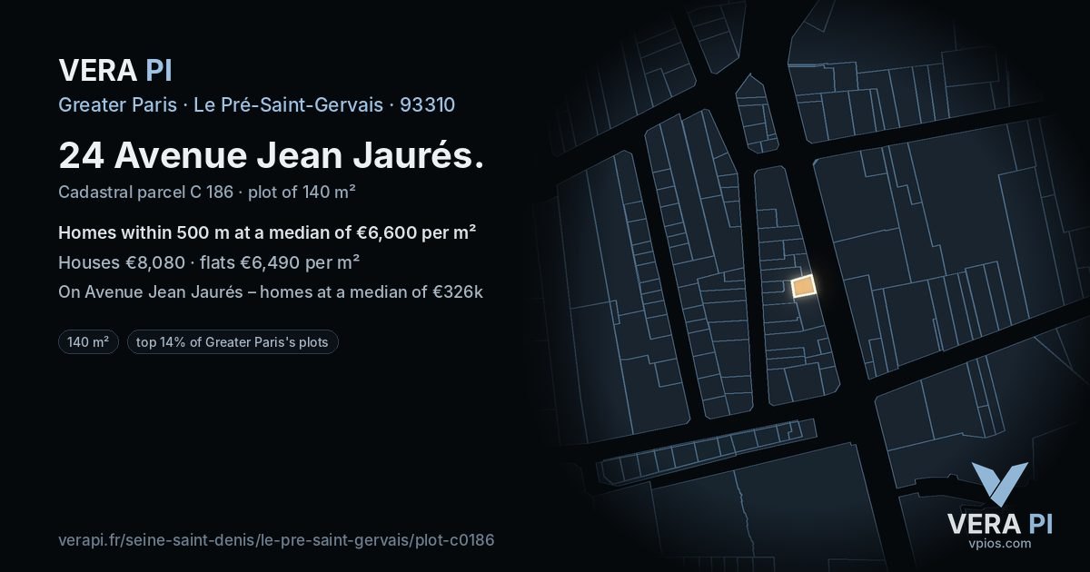24 Avenue Jean Jaurés, Le Pré-Saint-Gervais at night – the plot lit, the parcels around coloured by the prices near them