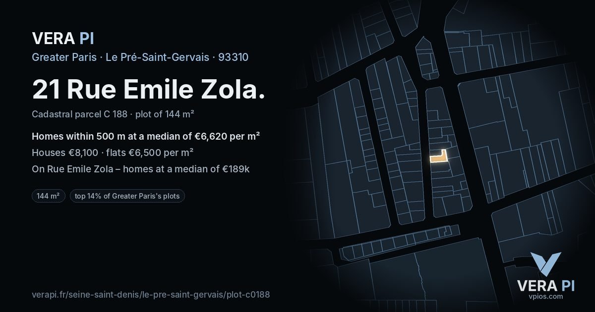 21 Rue Emile Zola, Le Pré-Saint-Gervais at night – the plot lit, the parcels around coloured by the prices near them