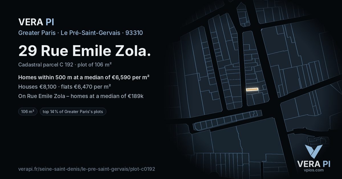 29 Rue Emile Zola, Le Pré-Saint-Gervais at night – the plot lit, the parcels around coloured by the prices near them