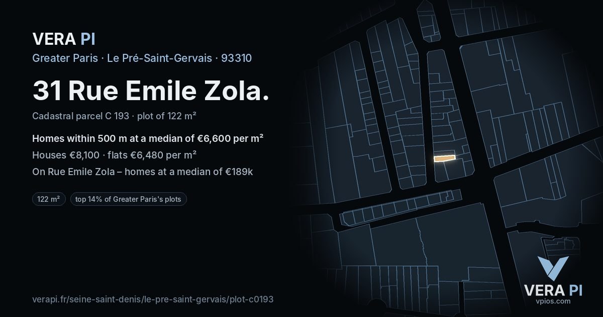 31 Rue Emile Zola, Le Pré-Saint-Gervais at night – the plot lit, the parcels around coloured by the prices near them