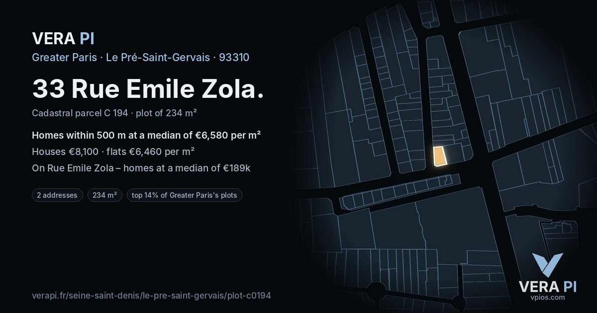 33 Rue Emile Zola, Le Pré-Saint-Gervais at night – the plot lit, the parcels around coloured by the prices near them