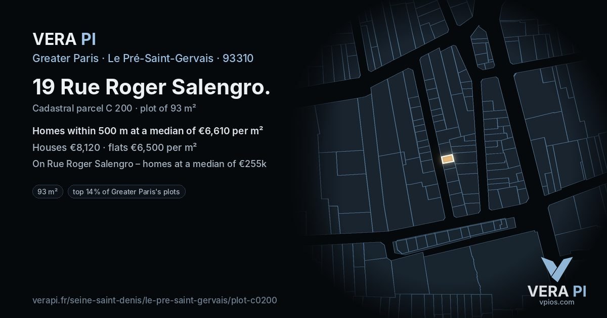 19 Rue Roger Salengro, Le Pré-Saint-Gervais at night – the plot lit, the parcels around coloured by the prices near them