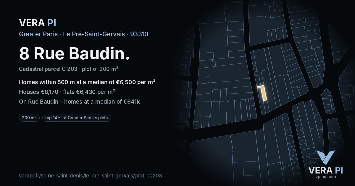 8 Rue Baudin, Le Pré-Saint-Gervais at night – the plot lit, the parcels around coloured by the prices near them