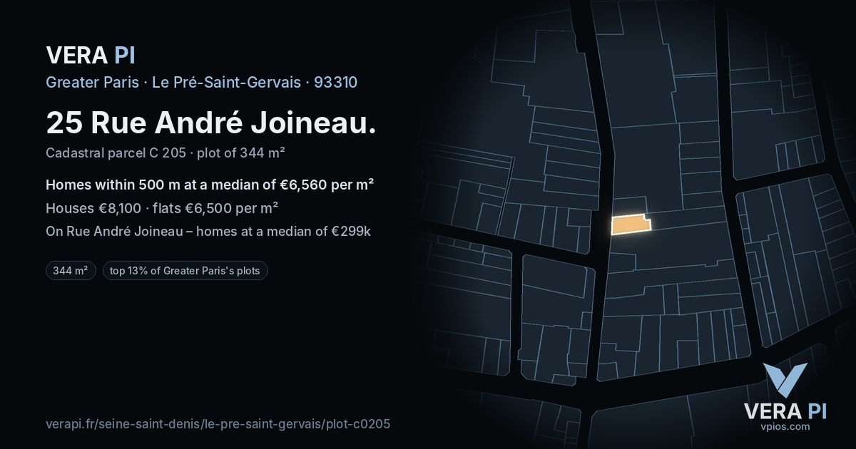 25 Rue André Joineau, Le Pré-Saint-Gervais at night – the plot lit, the parcels around coloured by the prices near them