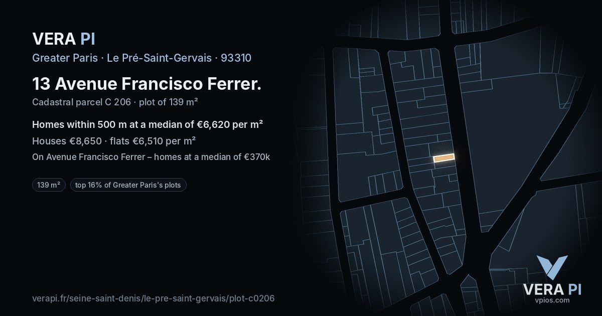 13 Avenue Francisco Ferrer, Le Pré-Saint-Gervais at night – the plot lit, the parcels around coloured by the prices near them