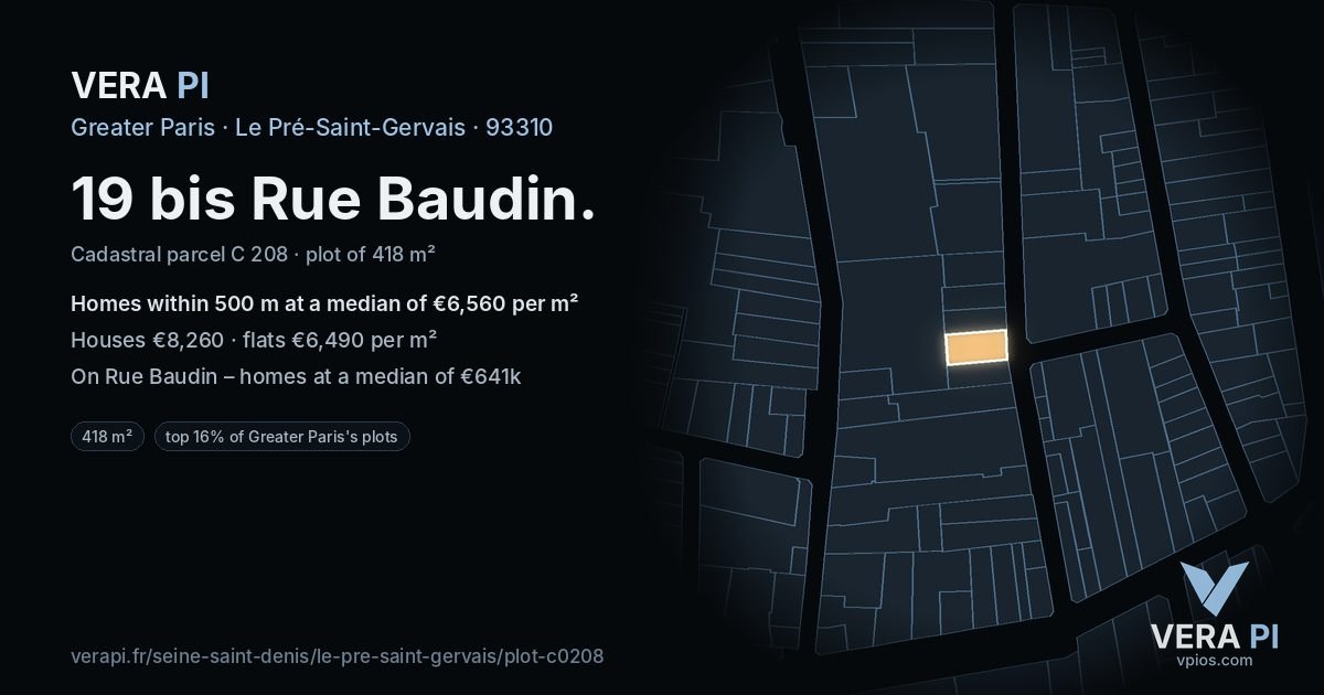19 bis Rue Baudin, Le Pré-Saint-Gervais at night – the plot lit, the parcels around coloured by the prices near them