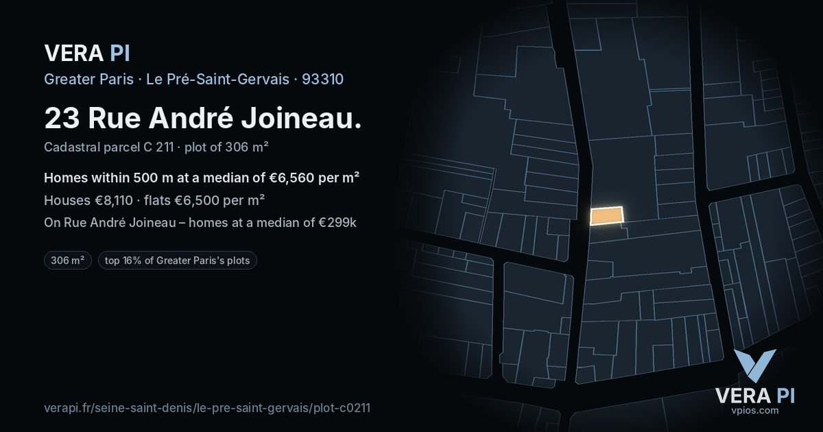23 Rue André Joineau, Le Pré-Saint-Gervais at night – the plot lit, the parcels around coloured by the prices near them