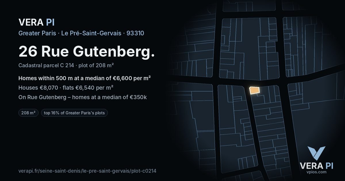 26 Rue Gutenberg, Le Pré-Saint-Gervais at night – the plot lit, the parcels around coloured by the prices near them