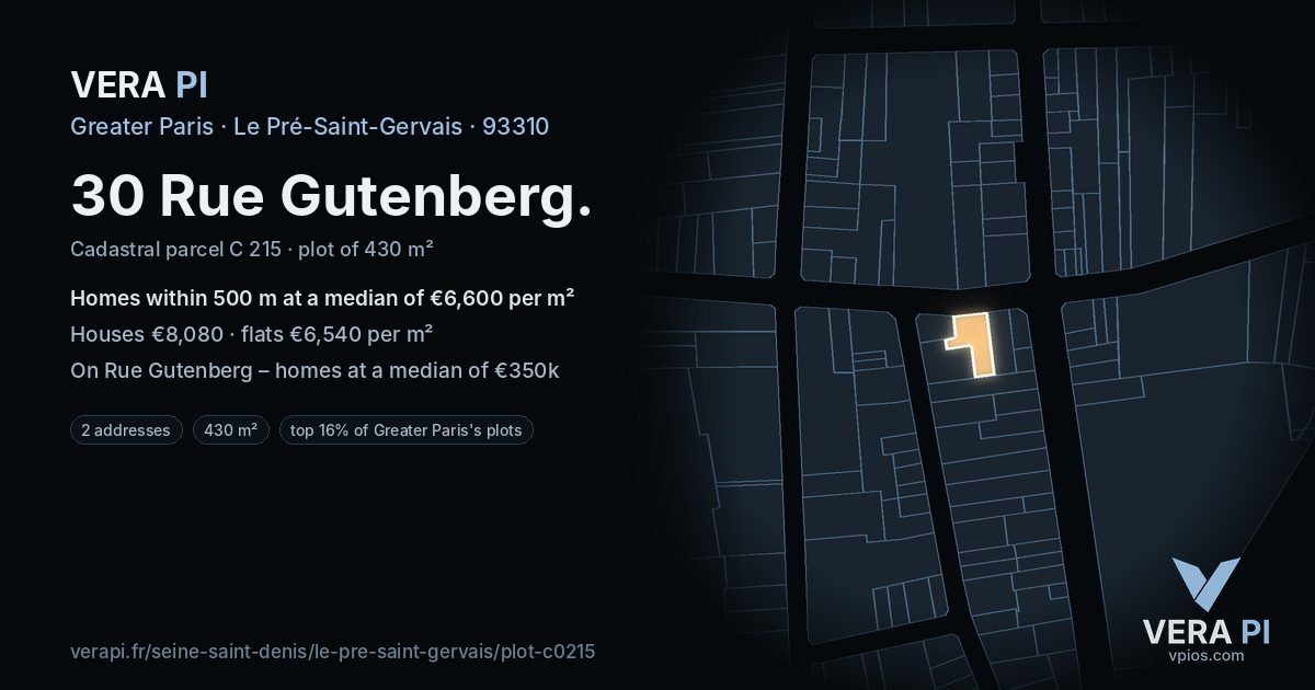 30 Rue Gutenberg, Le Pré-Saint-Gervais at night – the plot lit, the parcels around coloured by the prices near them