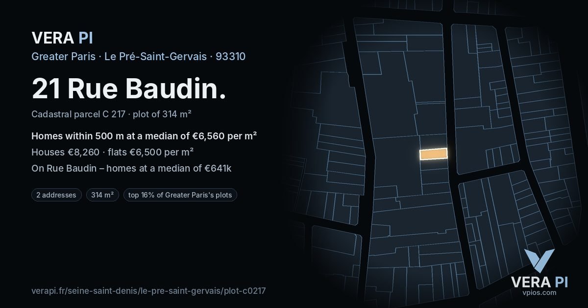 21 Rue Baudin, Le Pré-Saint-Gervais at night – the plot lit, the parcels around coloured by the prices near them