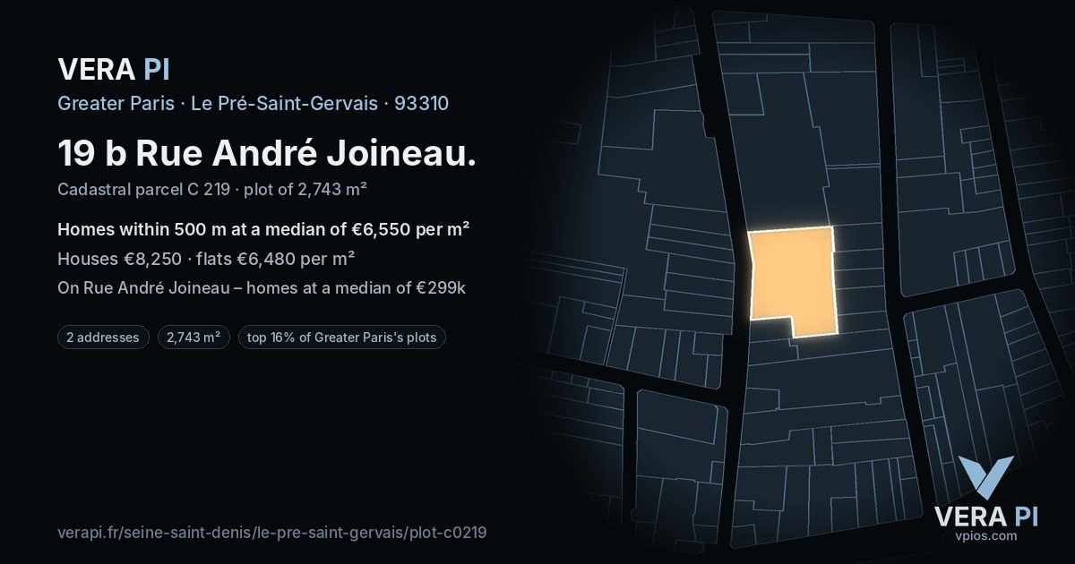 19 b Rue André Joineau, Le Pré-Saint-Gervais at night – the plot lit, the parcels around coloured by the prices near them