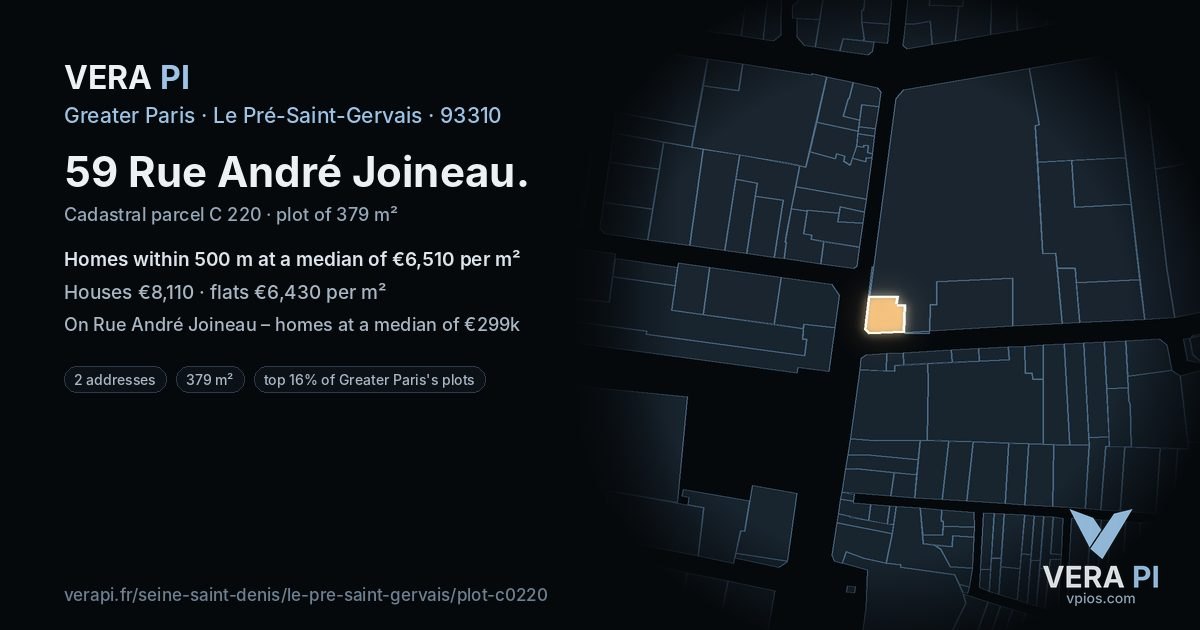 59 Rue André Joineau, Le Pré-Saint-Gervais at night – the plot lit, the parcels around coloured by the prices near them