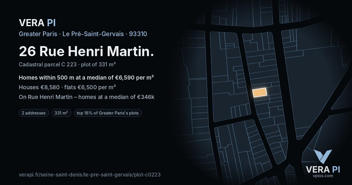 26 Rue Henri Martin, Le Pré-Saint-Gervais at night – the plot lit, the parcels around coloured by the prices near them