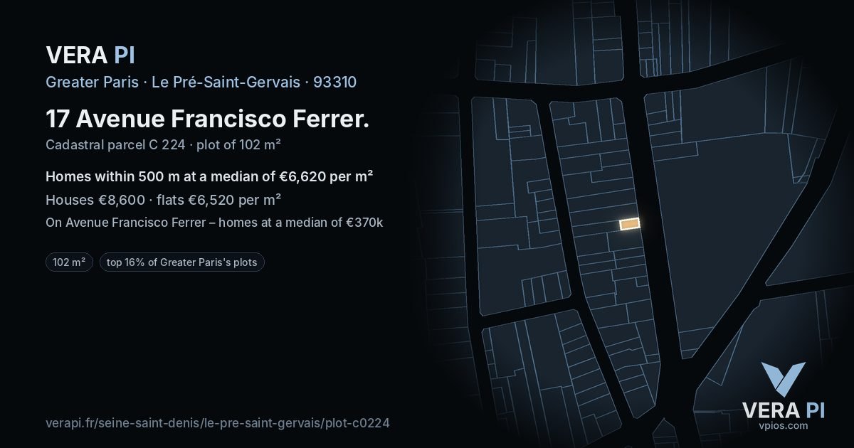 17 Avenue Francisco Ferrer, Le Pré-Saint-Gervais at night – the plot lit, the parcels around coloured by the prices near them