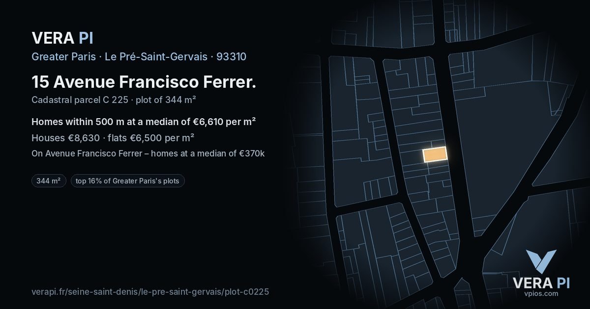 15 Avenue Francisco Ferrer, Le Pré-Saint-Gervais at night – the plot lit, the parcels around coloured by the prices near them