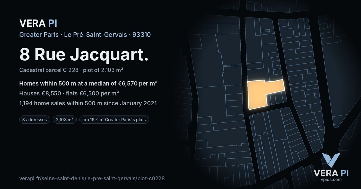 8 Rue Jacquart, Le Pré-Saint-Gervais at night – the plot lit, the parcels around coloured by the prices near them
