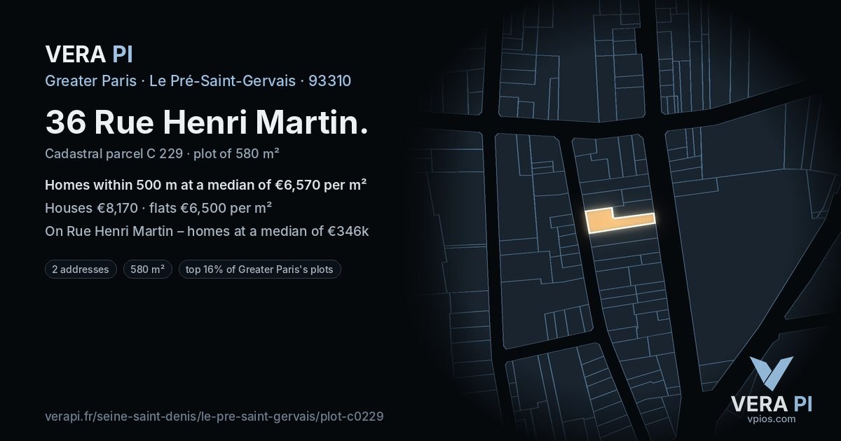 36 Rue Henri Martin, Le Pré-Saint-Gervais at night – the plot lit, the parcels around coloured by the prices near them