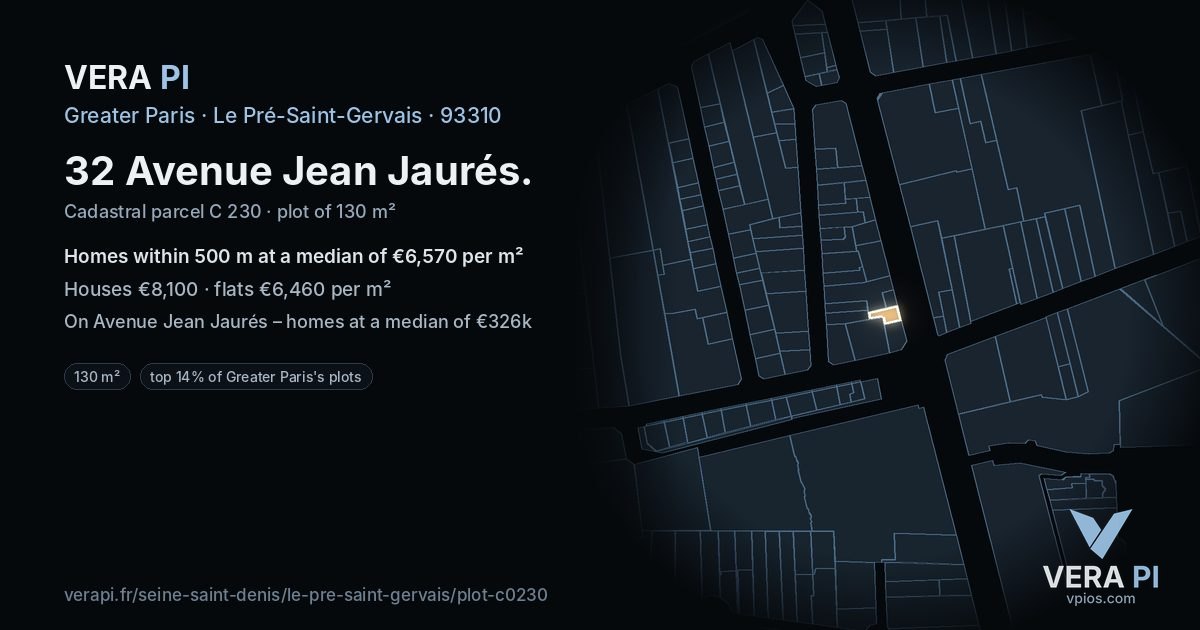 32 Avenue Jean Jaurés, Le Pré-Saint-Gervais at night – the plot lit, the parcels around coloured by the prices near them
