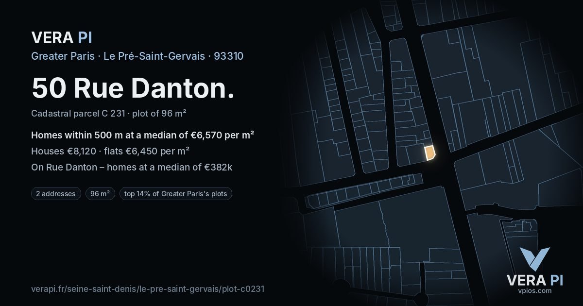50 Rue Danton, Le Pré-Saint-Gervais at night – the plot lit, the parcels around coloured by the prices near them