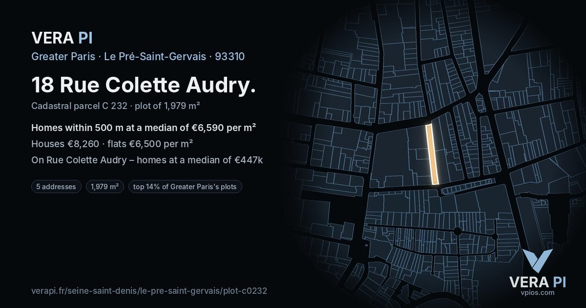 18 Rue Colette Audry, Le Pré-Saint-Gervais at night – the plot lit, the parcels around coloured by the prices near them