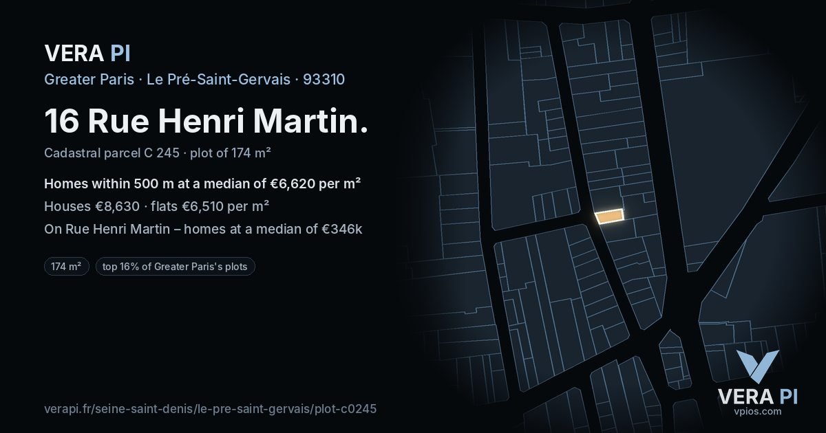 16 Rue Henri Martin, Le Pré-Saint-Gervais at night – the plot lit, the parcels around coloured by the prices near them