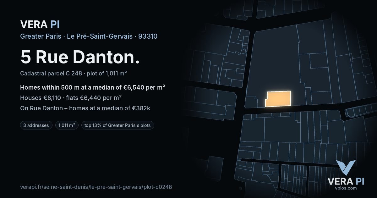 5 Rue Danton, Le Pré-Saint-Gervais at night – the plot lit, the parcels around coloured by the prices near them