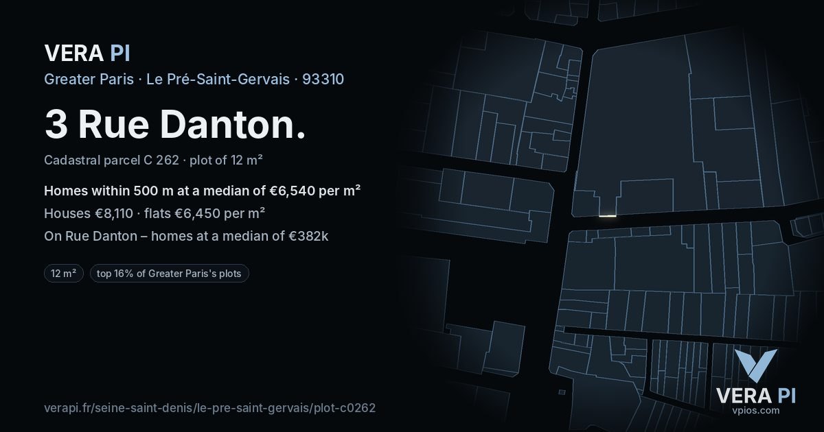 3 Rue Danton, Le Pré-Saint-Gervais at night – the plot lit, the parcels around coloured by the prices near them
