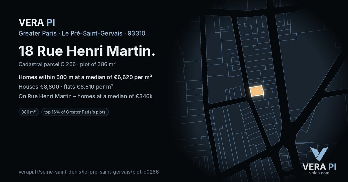 18 Rue Henri Martin, Le Pré-Saint-Gervais at night – the plot lit, the parcels around coloured by the prices near them