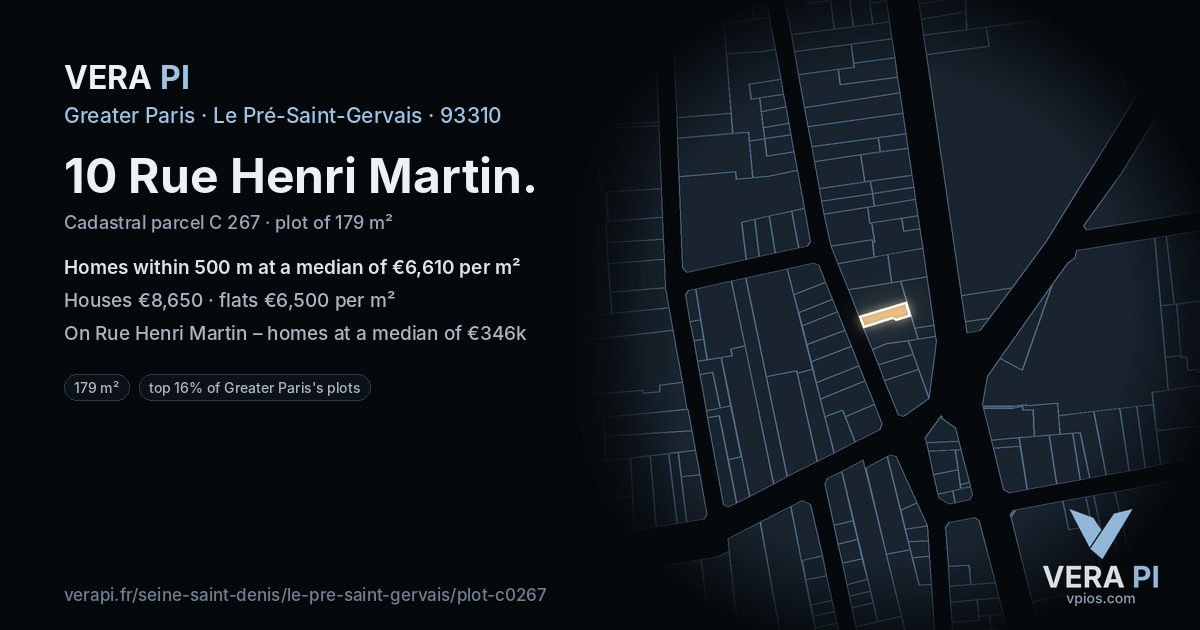 10 Rue Henri Martin, Le Pré-Saint-Gervais at night – the plot lit, the parcels around coloured by the prices near them