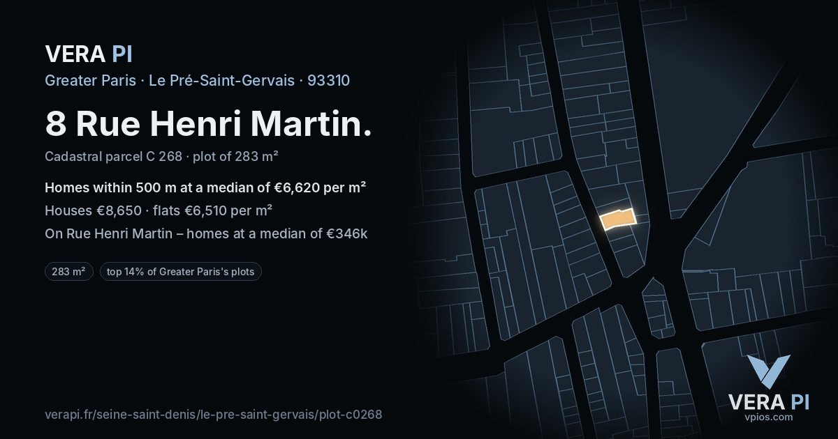 8 Rue Henri Martin, Le Pré-Saint-Gervais at night – the plot lit, the parcels around coloured by the prices near them