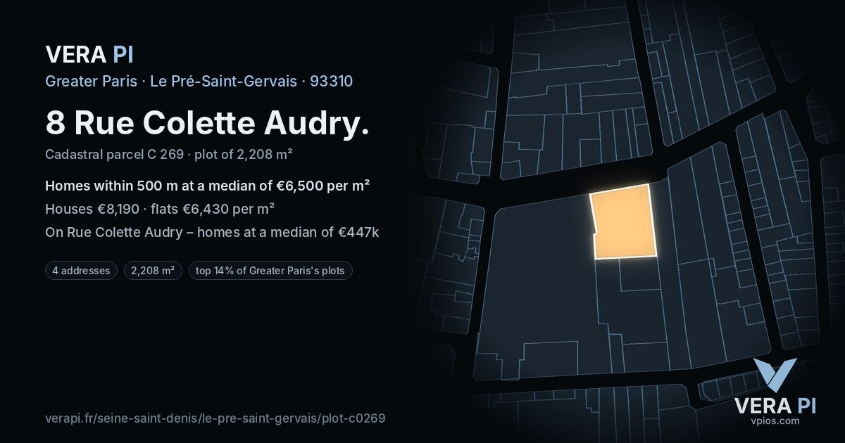 8 Rue Colette Audry, Le Pré-Saint-Gervais at night – the plot lit, the parcels around coloured by the prices near them
